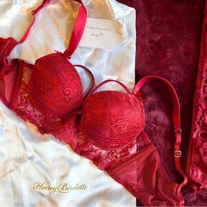 Honey Birdette Madame Red Lingerie ♥️ Luxury Lace Push Up Bra, 34B & Garter Belt